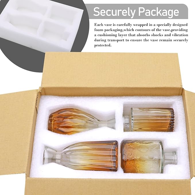 Mapoxy Glass Bud Vases Set of 4,Small Brown Flower Vases for Wedding Centerpiece Table Decorations,Clear Vintage Embossed Mini Vases,Flower Arrangements in Vases for Party or Home Decor
