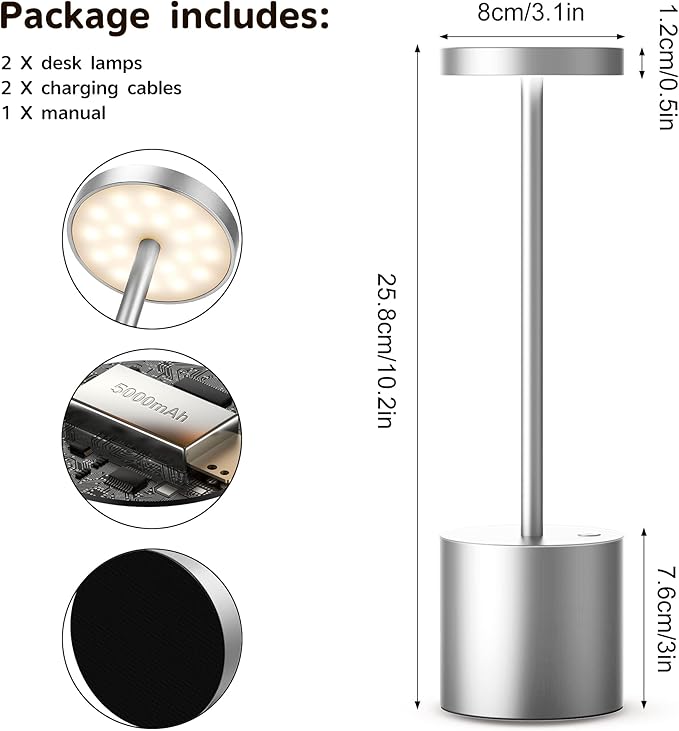 2Pack Cordless Table Lamp, Rechargeable LED Battery 5000mAh Metal USB Portable Powered Desk Lamp, 3 Levels Brightness Light for Restaurants Outdoor (2pack 10.25in Silver)