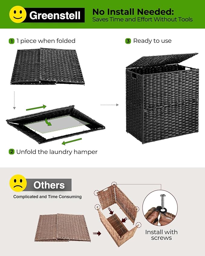 Greenstell Laundry Hamper with lid, No Install Needed, 130L Wicker Laundry Baskets Foldable 2 Removable Liner Bags, 2 Section Clothes Hamper Handwoven Rattan Laundry Basket with Handles, Black