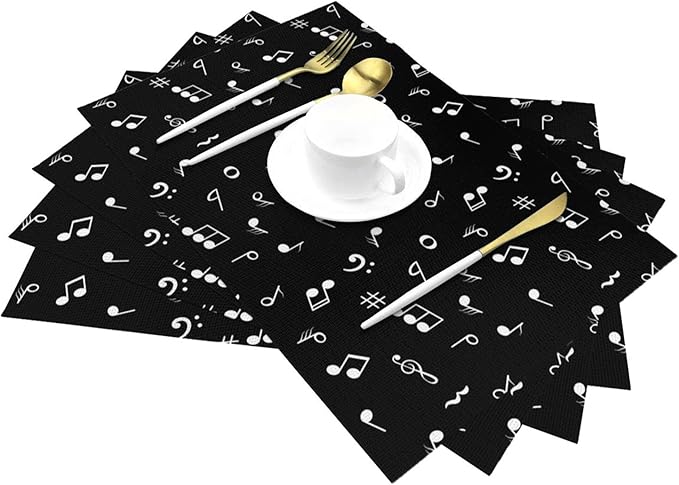 Music Notes Placemats Set of 4 Musicial Lover Dining Table Mats Washable Black Place Mats for Kitchen Dinner Parties Wedding Decorative Coffee Mat 12"x18"
