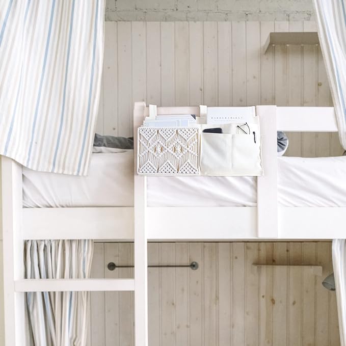 Mkono Bedside Caddy Hanging Organizer, Bunk Woven 7 Pockets Bed Storage Bag Boho Remote Magazine Books Holder with Macrame for Loft Bed College Dorm Bedroom Baby Bed Rails, Ivory