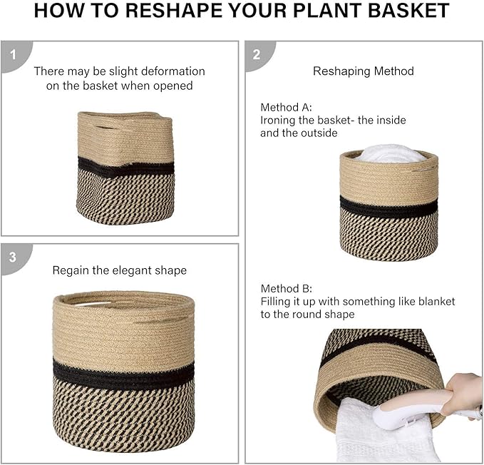 TIMEYARD Sturdy Jute Rope Plant Basket Modern Woven Basket up to 7.5 Inch Flower Pot Floor Indoor Planters, 8” x 8” Storage Organizer Baskets Rustic Home Decor, Black Stripes