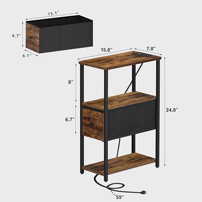 TUTOTAK Small Narrow LED End Table with Charging Station, Side Table Outlets, Nightstand with Cloth Drawer, Set of 2, Couch Table, for Living Room, Bedroom, Bedside, Brown TB01BB059