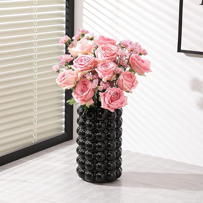 Black Bubble Vase, Ceramic Vase, Flower Vase, Boho Vase, Tall Ceramic Vase, Vase for Decor, Modern Ceramic Vase for Living Room, Dinner Table, Bedroom, Wedding, Fireplace Mantel, 8.5 Inches