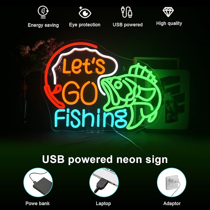 Lucunstar Let's Go Fishing Neon Sign,Dimmable Fish Neon Light for Wall Decor,LED USB Powered Fishing Hook Lights for Bedroom Living Room Man Cave Yacht Decor Men Gifts