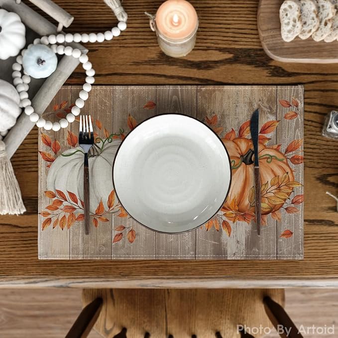 Artoid Mode White Pumpkin Wood Grain Fall Placemats Set of 6, 12x18 Inch Seasonal Thanksgiving Holiday Table Mats for Party Kitchen Dining Decoration