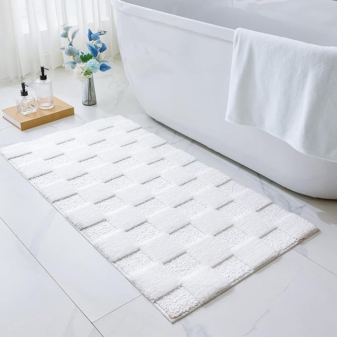 ILANGO White 2448 Bathroom Rugs Bath Mat Set, Dries Quickly,Non Slip Fluffy Shaggy Bath Washable Mats Set for Bathroom,Tub