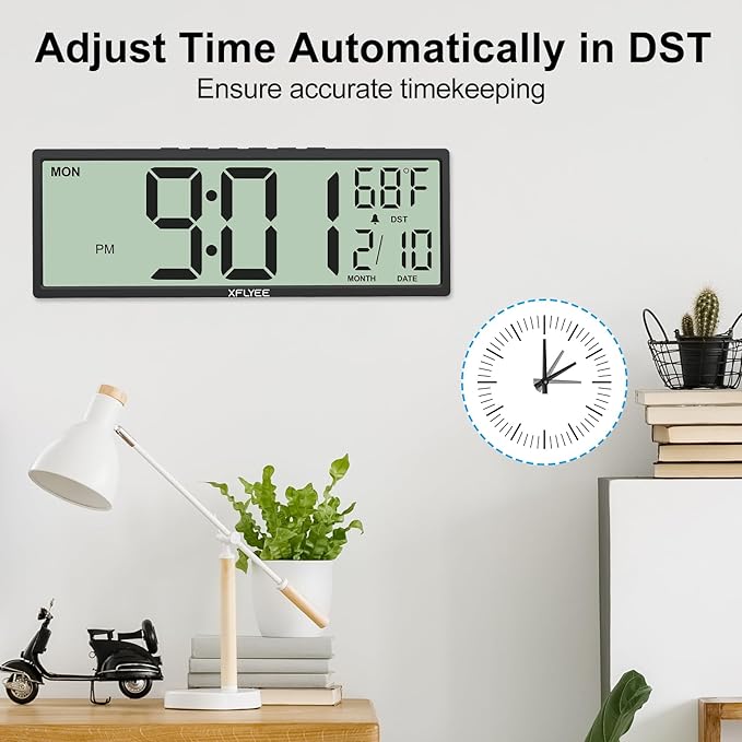 14.5'' Large Digital Wall Clock Battery Operated with Jumbo Numbers, Auto DST, Day, Date, Alarm, Temperature for Living Room, Bedroom, Desk Decor, Gift, LCD Screen Display Easy to Read and Set