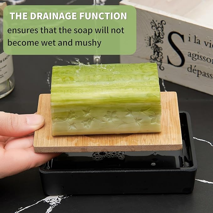 Bamboo Soap Dishes for Shower Wooden Soap Bar Holder for Bathroom Soap Tray Easy to Clean, Durable and with Non-Slip Pads(Two Black Smiley Faces)