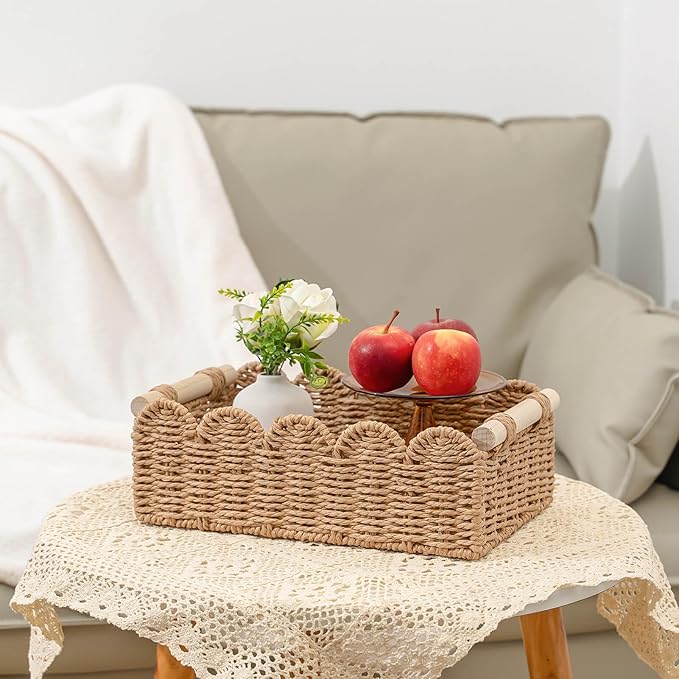 CubesLand Paper Rope Scalloped Edge Toilet Paper Storage Basket, Small Living Room, Bedroom Decor Baskets for Over Toilet Storage Shelf, End Table, Shelves and More, with 2 Wooden Handle, Neutral