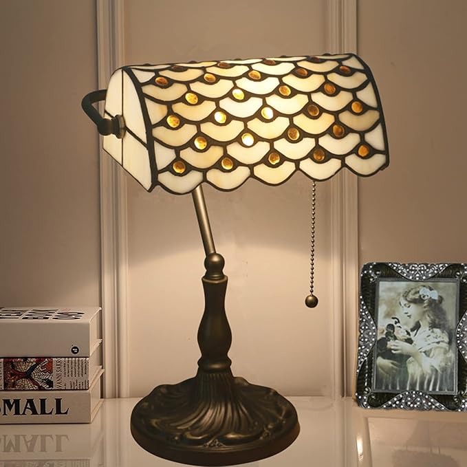 Tiffany Style Bankers Table Lamp Stained Glass Piano Desk Lamp Vintage Bedroom Bedside Lamp for Study,Antique Alloy Base,Zipper Switch,Green c