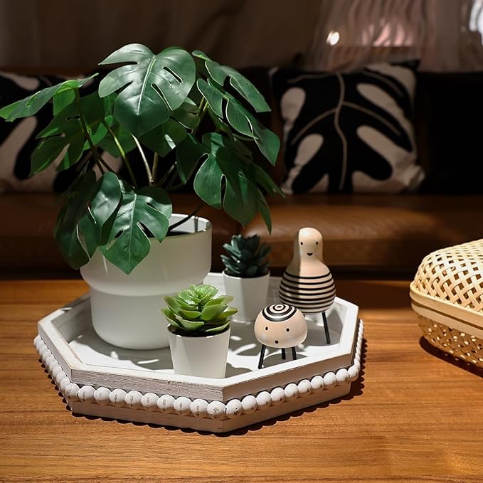 Whitewashed Octagonal Wood Decorative Tray, Small Farmhouse Wooden Serving Tray with Beads, Versatile Shabby Chic Coffee Table Tray for Kitchen Counter, Ottoman, Living Room
