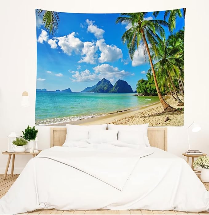 Loccor Ocean Beach Tapestry 118Wx78H Inch Tropical Seaside Island Palm Tree Waves Wall Tapestry Summer Hawaii Paradise Landscape Wall Hanging Hippie Bohemian Wall Art Living Room Bedroom Home Decor