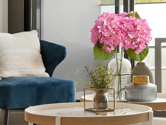 4PCS 20'' Bright Pink Real Touch Hydrangeas Latex Artificial Flowers for Baby Shower Birtiyday Wedding Pink Partry Flower Arrangeament Home Living Room Table Centerpiece