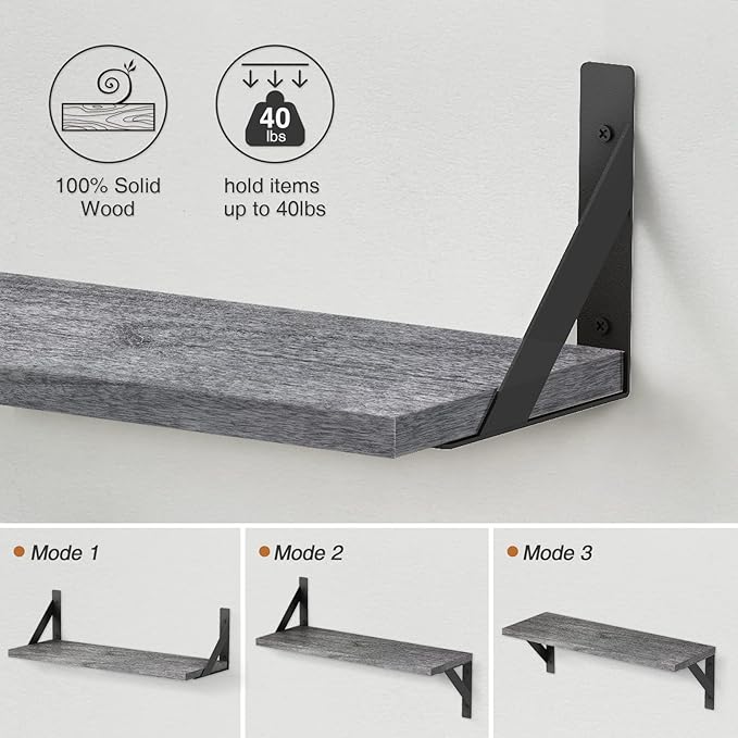 Forbena Gray Floating Shelves Wall Mounted Bookshelf Set of 3, 24 Inches Long 8 Inch Deep Wall Shelves for Bedroom, Bathroom, Living Room, Laundry Room, Kitchen, Office, Closet (Rustic Grey)