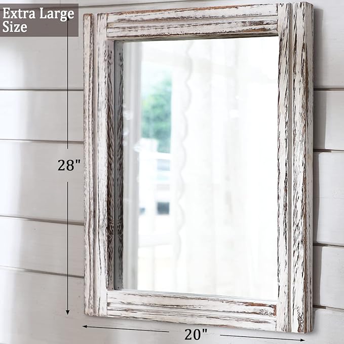 AAZZKANG Large Wall Mirrors with Rustic Wood Framed 28"x20" Rectangle Decorative Hanging Mirror for Farmhouse Bedroom Bathroom Living Room Entryway