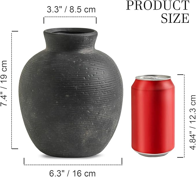 Ceramic Flower Vase Home Decor - Farmhouse Table Vases Rustic Vintage Living Room Kitchen Bedroom Decorations for House Book Shelf Office Coffee Desk Dining Fireplace (7.4" Black)