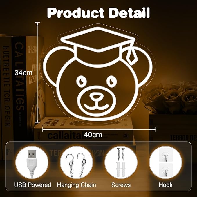 Bear Neon Sign for Wall Decor,Dimmable Bear with Graduation Hat Neon Light,White Grad Light Up Signs for Class of 2025 Graduations Background Decoration Celebration Gifts