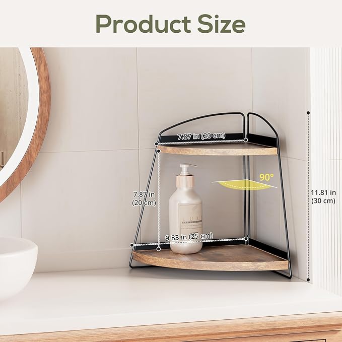 Puricon 2 Tier Corner Countertop Storage Shelf Organizer, Triangle Bathroom Sink Organizer - Wood, Brown