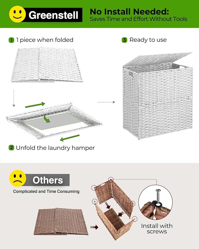 Greenstell Laundry Hamper with lid, No Install Needed, 110L Wicker Laundry Baskets Foldable 2 Removable Liner Bags, 2 Section Clothes Hamper Handwoven Rattan Laundry Basket with Handles, White
