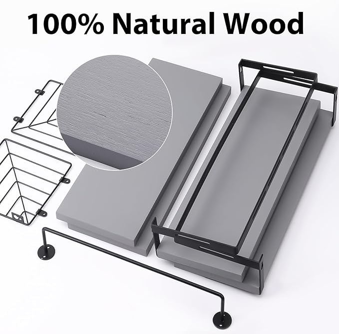 Fixwal 3+1 Tier Wall Mounted Bathroom Shelves Over Toilet, Rustic Wood Floating Shelves with Metal Frame and Towel Bar for Bathroom, Kitchen, Bedroom, Living Room (Gray)