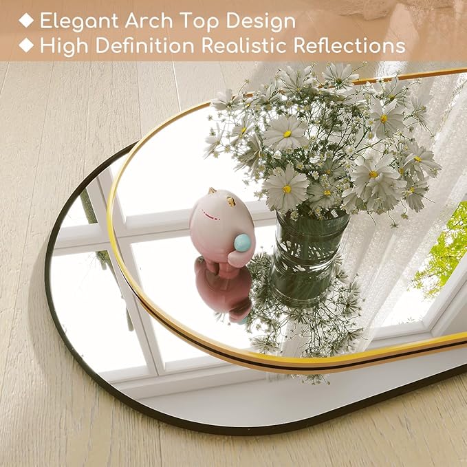 Arched Full Length Mirror, 64 "x 21" Floor Length Mirror with Stand, Wall Mounted Mirror, Standing Mirror with Aluminum Alloy Frame, Freestanding, Wall-Mounted or Leaning(Gold)