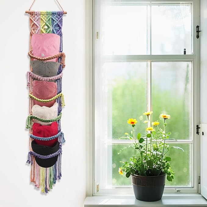 Macrame Cap Holder Boho Hat Hangers Over Door Decorative Bohemian Handmade Ball Cap Rack Organizer Colorful Woven Wall Hanging for Baseball Cap Display Decorations (Rainbow, Up to 12 Caps)