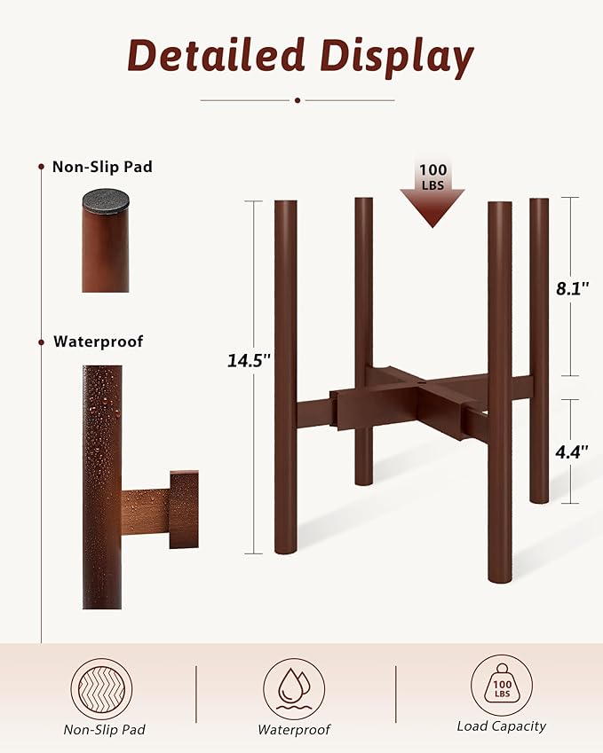 Adjustable Plant Stand Indoor, Bamboo Plant Stand Fits 8 9 10 11 12 Inches, Small Corner Planter Holder for Indoor Plants, Single Floor Plant Stands for Living Room Balcony, Reddish Brown