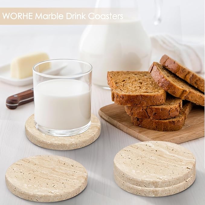 WORHE Natural Travertine Marble Coasters Set of 4-4" Round Stone Drink Coasters, Non-Slip Cork Backing, Housewarming Gift, Wedding, Protect Tables from Stains & Scratches (BD140)