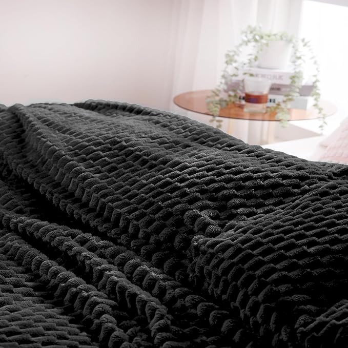 Puncuntex Black Throw Blanket 90"×90" inches Fuzzy 3D Jacquard Decorative Flannel Fleece Super Soft Plush Cozy Blanket for Couch Sofa Chair Lightweight