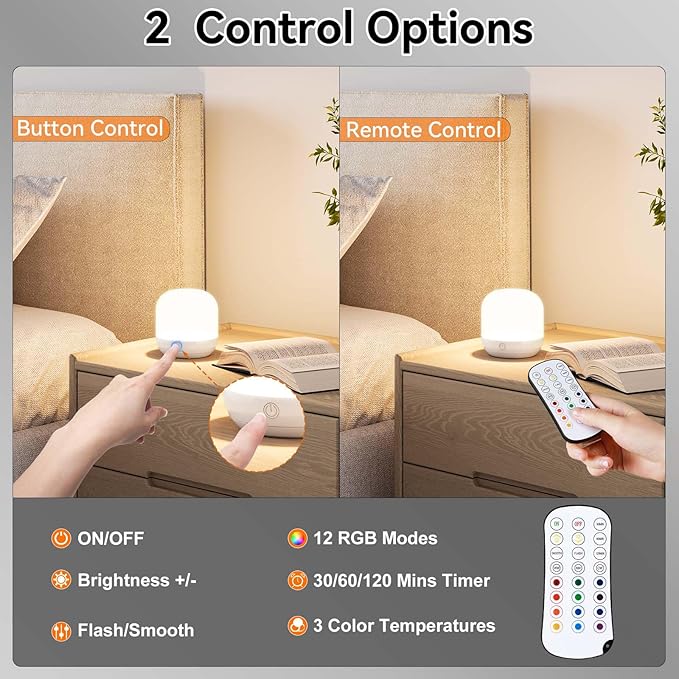 SUNMORY Rechargeable Night Light, Table Lamp for Bedroom, Dimmable Bedside Lamp with Magnetic Charging Station, Small Nightstand Lamp, LED Night Lights with 12 RGB Colors, Timer & Remote Control
