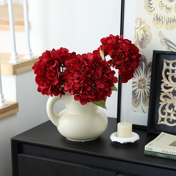mizii 4Pcs Burgundy Artificial Hydrangea Flowers Large Fake Silk Hydrangea Flower with Leaves Stems Realistic Faux Hydrangeas Decorations for Wedding Table Centerpieces Vase Home Decor (Burgundy)