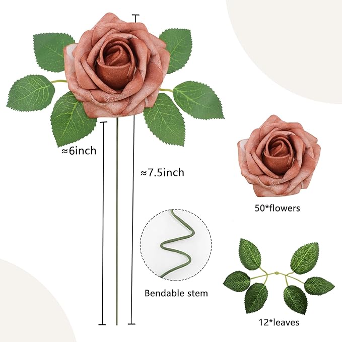 100PCS Warm Taupe Artificial Flowers Roses Real Looking Foam Fake Roses with Leaves for DIY Wedding Bouquets Bridal Shower Party Decorations (Warm Taupe, 100)