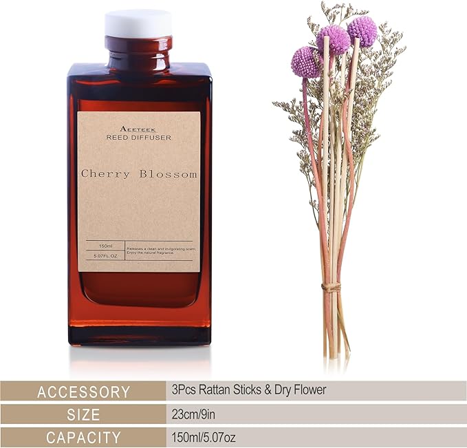Reed Diffuser Set - Cherry Blossom Essential Oil, 5 oz/150ml Black Currant Aroma Scent Oils Bathroom Air Freshener with Flower Decoration and Diffuser Sticks, Home Fragrance for Room Decor