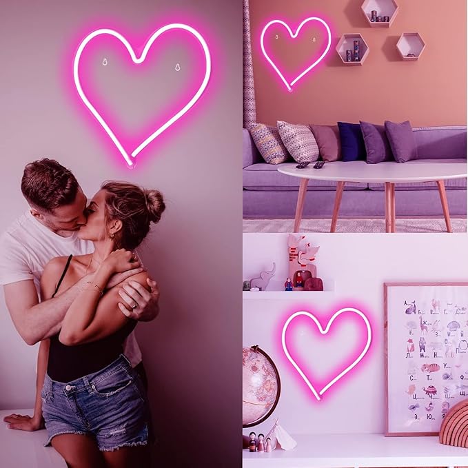 Pink Heart Neon Light, LED Heart Sign 13.413 Inch Dimmable USB Powered Romantic Bedroom Valentine's Kids Room Wedding Party Decor