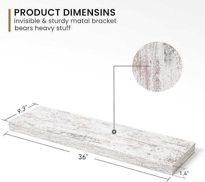 Fun Memories Deep Floating Shelves - 36" W x 9" D x 1.6" H Rustic Grey Wall Shelf - Wall Mounted Shelves for Storage - Wooden Shelves with Invisible Brackets for Living Room, Farmhouse - Set of 1