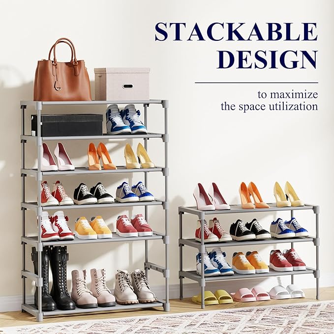 Kitsure Shoe Rack - Premium Non-Woven Shoe Rack Shelf, Shoe Organizer for Closet, Entryway, Garage & Corridor, Sturdy & Durable Long Stackable Shoe Shelves, Medium, Grey