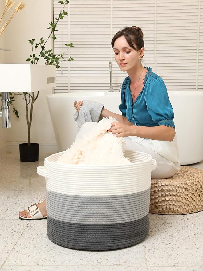 20" x 20" x 15" Extra Large Storage Basket with Lid, Cotton Rope Storage Baskets, Laundry Hamper, Cloth Bin, for Clothes Towels Blankets Pillows Storage in Living Room, Grey/Dark Grey with Cover