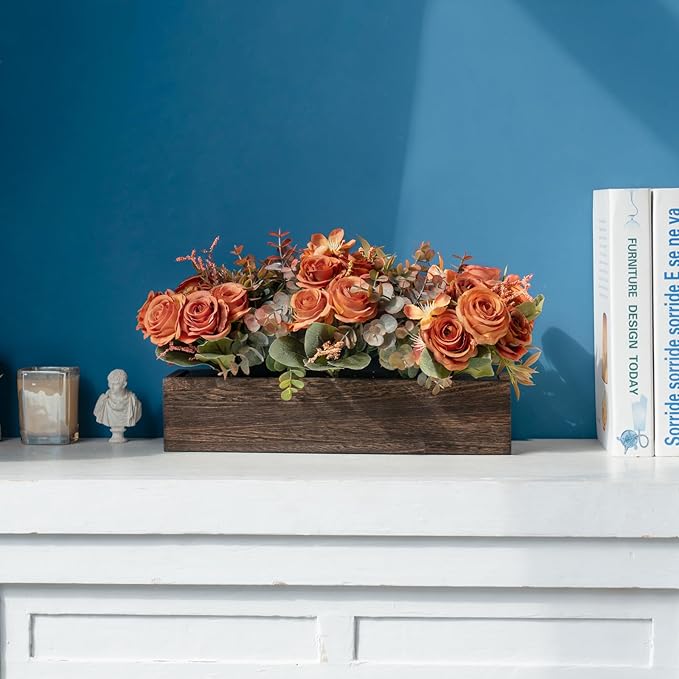 Dahey Centerpiece Table Decorations for Dining Room Farmhouse Living Room Table Centerpieces Decor Wood Tray with 3 Artificial Flowers and 2 Eucalyptus for Kitchen Table, 14.1" x 4.7" x 3.1", Orange