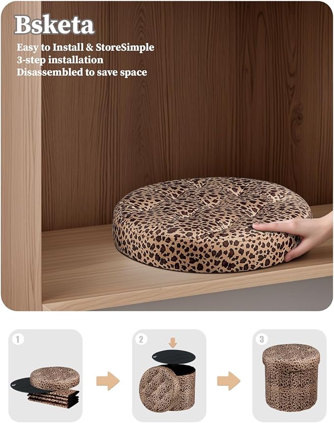 Storage Ottoman, Folding Foot Stool with Thicker Foam Padded Seat Small Velvet Storage Ottoman Foot Rest for Living Room Foldable Coffee Table 14x14x13in, Leopard Print