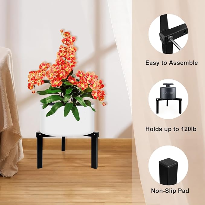 Three Legs Adjustable Metal Plant Stand for 5"-10" Plant Pot – Indoor & Outdoor (Black, 1 Pack)