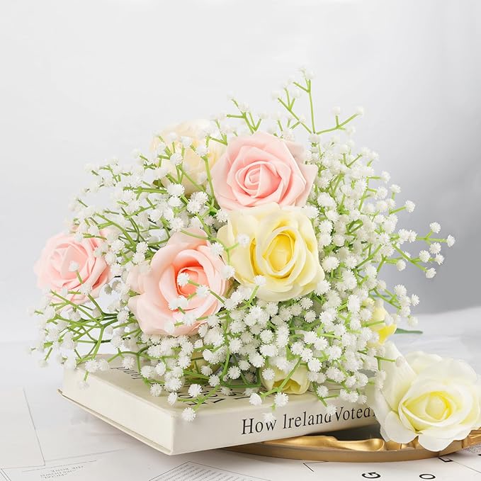 N&T NIETING 10Pcs Artificial Baby Breath Flowers White with Long Stem, Real Touch Silk Gypsophila Bouquets Bulk for Wedding, DIY Floral Arrangements, Home & Office Decor, Party Centerpieces, White