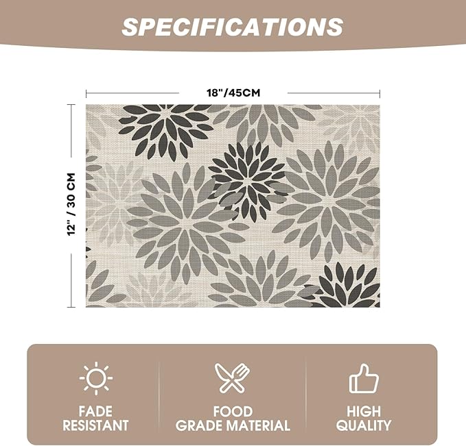 Artoid Mode Floral Vinyl Placemats Set of 4, 12x18 Inch Wipeable Non-Slip PVC Place Mats for Party Kitchen Dining Decor, Grey