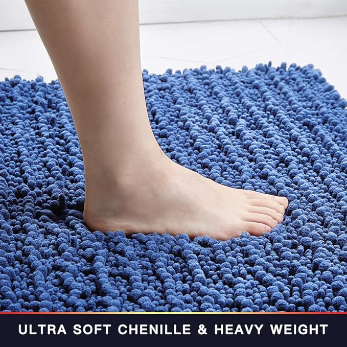 Walensee Bathroom Rug Non Slip Bath Mat (36x24 Inch Dark Blue) Water Absorbent Super Soft Shaggy Chenille Machine Washable Dry Extra Thick Perfect Absorbant Best Large Plush Carpet for Shower Floor