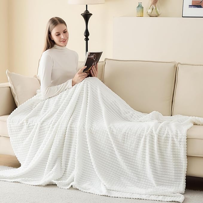 EMME Fleece Throw Blanket Luxury Flannel for Couch Bed Sofa Chairl, Soft, Plush, Warm and Cozy Blanket with Geometric Grid Design (White, 60'' x 80'')