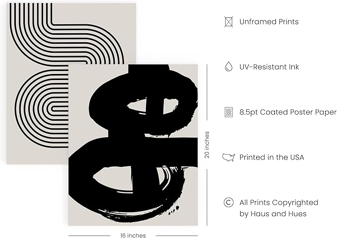 HAUS AND HUES Black Abstract Painting Aesthetic Wall Art- Set of 6 Modern Abstract Wall Art, Black and Gray One Line Abstract Art, Geometric Print Wall Art, Minimalist Wall Art (Unframed, 16x20)