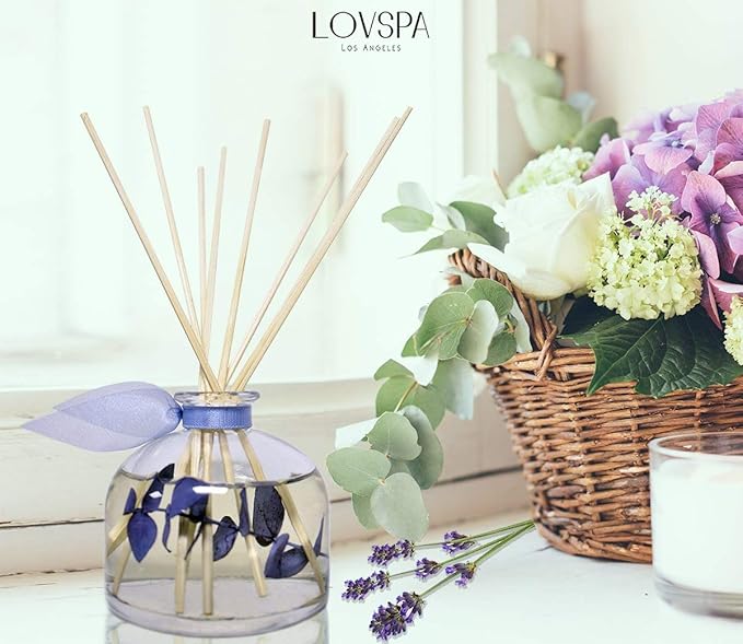 LOVSPA Lavender & Eucalyptus Scented Sticks Reed Diffuser Set - DE-Stress Scented Sticks - Relaxing Blend of Woody Lavender, Sage, Eucalyptus & Rosemary Essential Oils