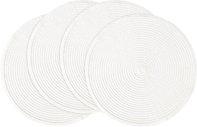 Floroom 15 Inch Round Braided Placemats Set of 4, Washable Heat Resistant Cotton Polyester Circle Place Mats for Kitchen Dining Table - White