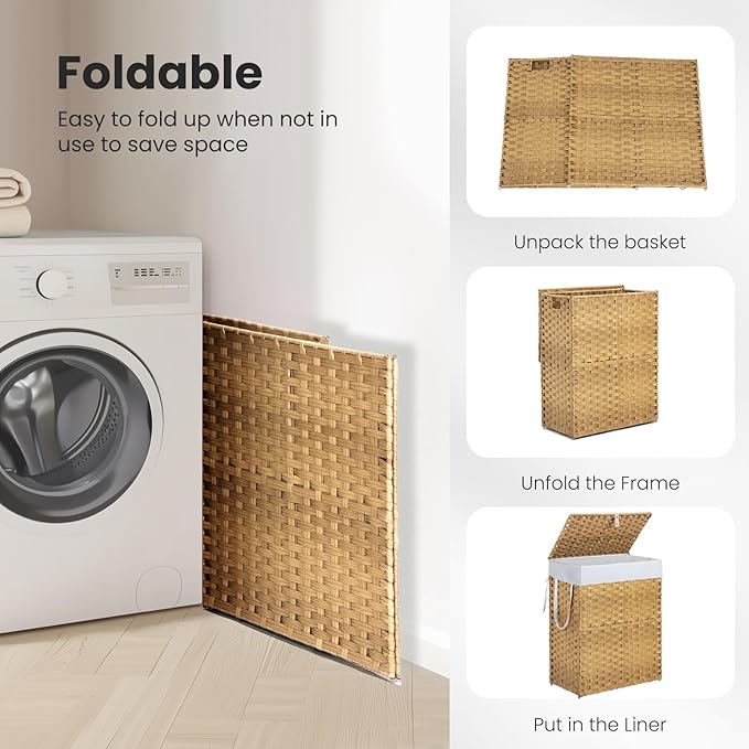Sweetcrispy Foldable Laundry Hamper–Large Capacity Clothes Basket with Lid, 23.8 Gallon (90L) Bin for Bedroom, Bathroom, and Wash Room–Double Insert Storage Organizer, Goose Yellow