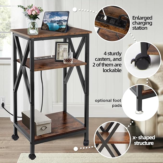 TooCust 3 Tier End Table with Charging Station, 16" W x 12" D x 28" H, Metal and Brown Bedside Table with USB Ports and Outlets, X-Shaped Side Table with Wheels for Living Room, Bedroom, Kitchen